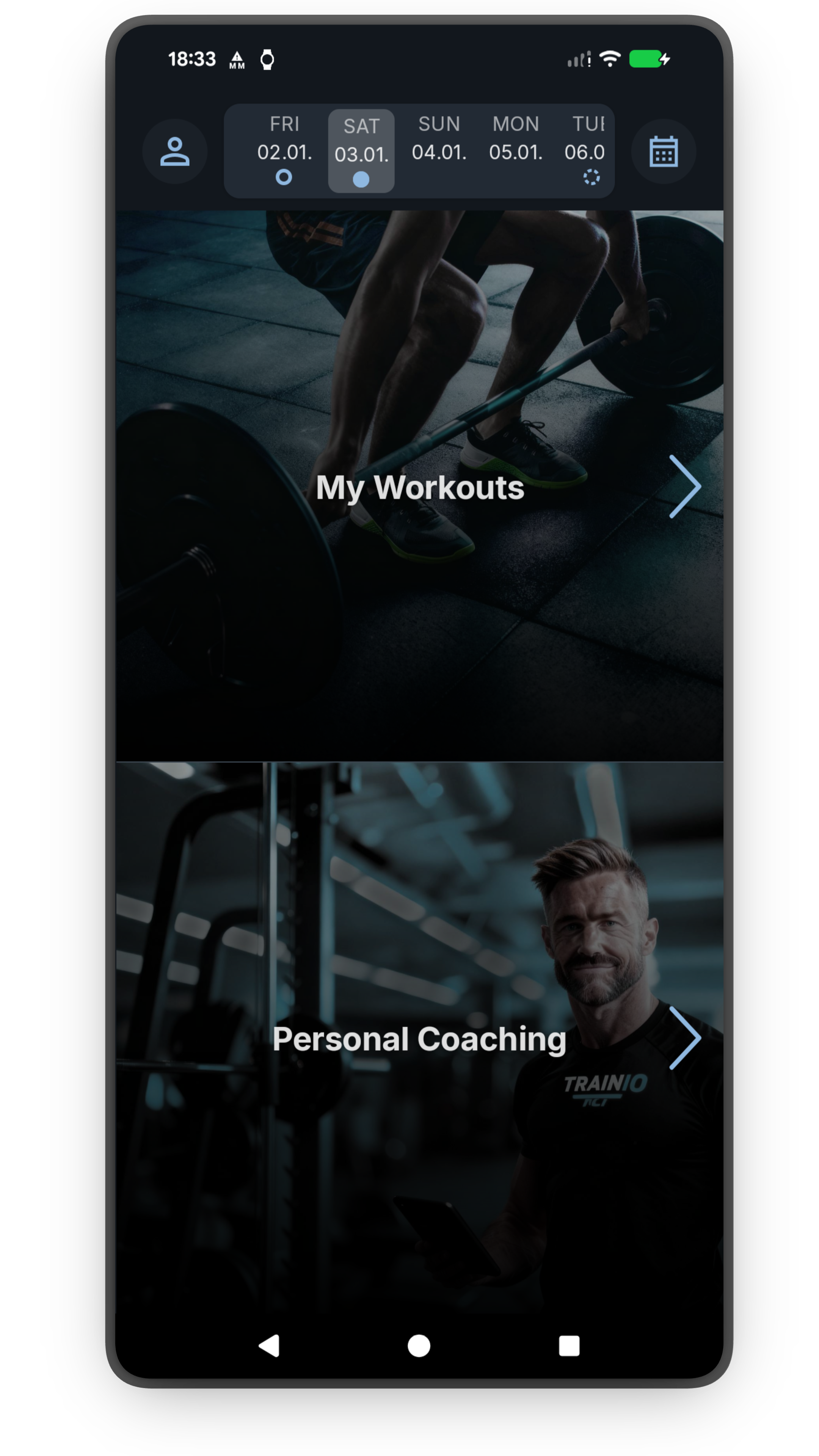 TRAINIO app home screen showing today's workout